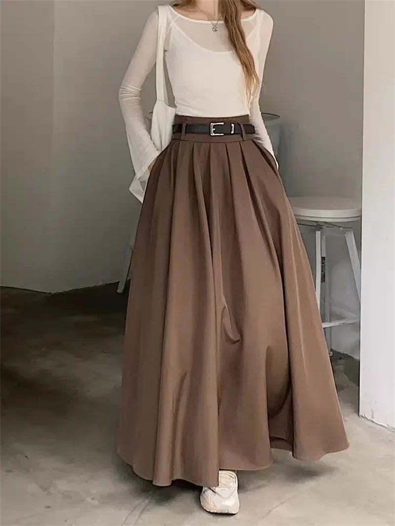 High Waisted Maxi Skirt Pleated A Line Long Flared Skirt Belted Flowing Full Length Casual Office Workwear