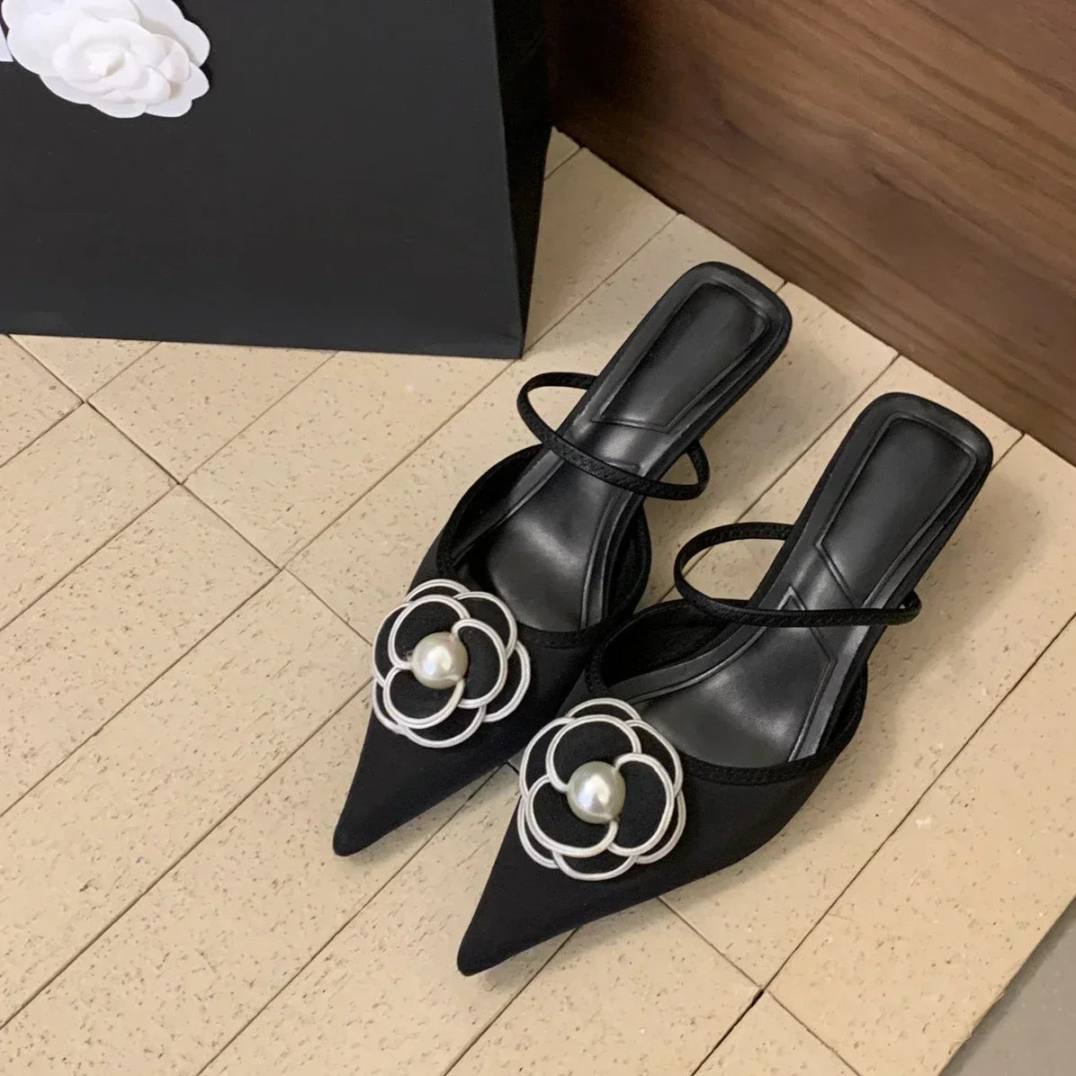 Women's Pointed Toe Slingback Kitten Heel Mules – Elegant Floral Pearl Pumps for Office, Party, Wedding & Dress Wear