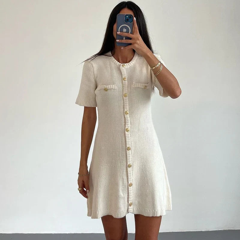 Knit Mini Dress – Short Sleeve Button Front Dress with Collared Neckline, Patch Pockets and Relaxed A-Line Silhouette for Casual & Summer Wear