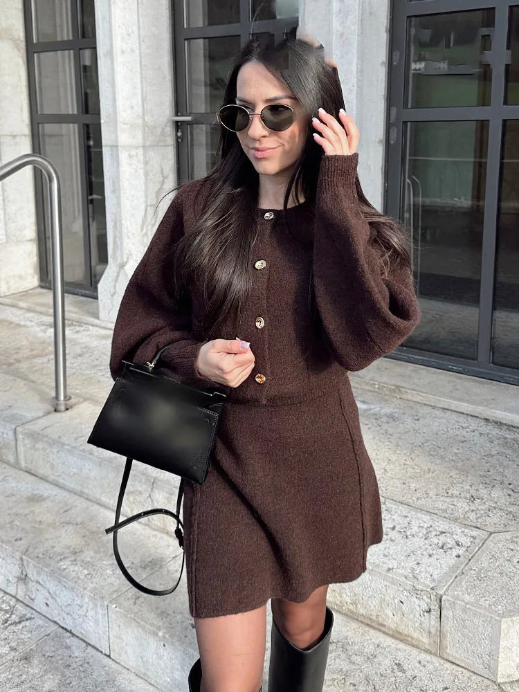 Button Front Knit Cardigan & Mini Skirt Co-Ord Set | Long Sleeve Two Piece Outfit with Pocket Detail | Chic Fall & Winter Matching Set