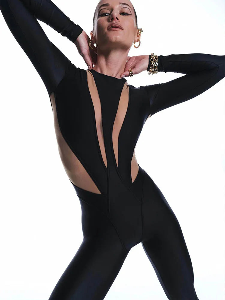 Cutout Jumpsuit – Long Sleeve Slim Fit One-Piece with Plunging Neckline and Waist Cutout Detail for Parties, Clubwear & Night Out