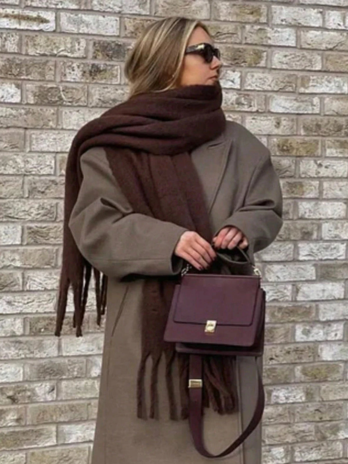Women's Solid Color Winter Scarf, Thick Knit Look Wrap with Fringed Ends, Cozy Oversized Neck Scarf for Women
