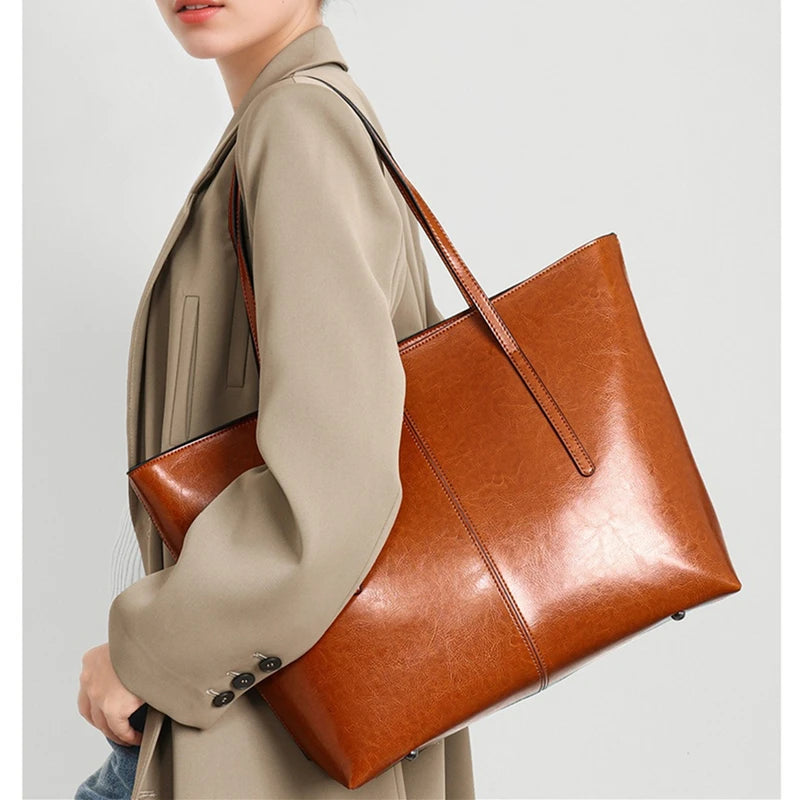Large Leather-Look Tote Bag, Minimalist Shoulder Carryall with Long Handles, Spacious Work Handbag for Office, Shopping, Travel & Everyday Use