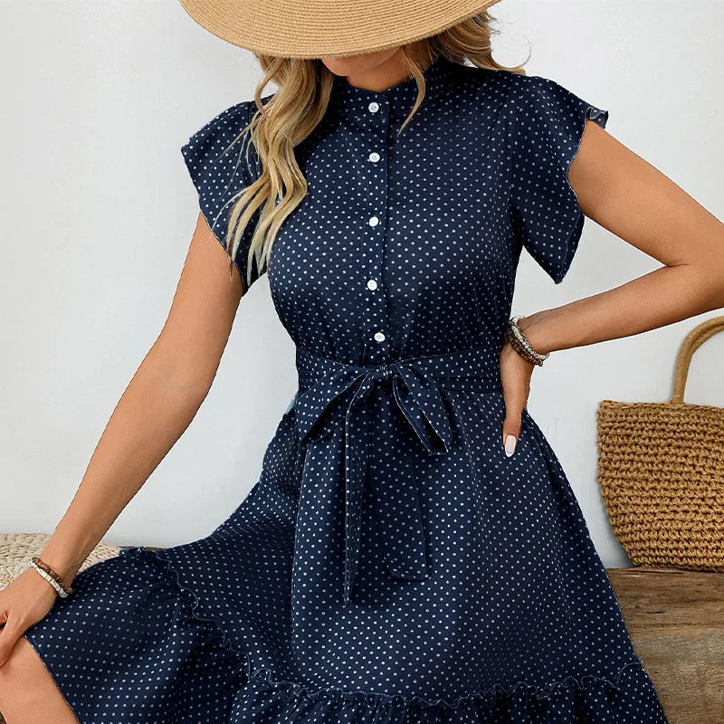 Textured Mini Dress – Short Sleeve Crew Neck Dress with Tie Waist, Tiered Ruffle Skirt and Relaxed Fit for Brunch, Vacations & Summer Outings