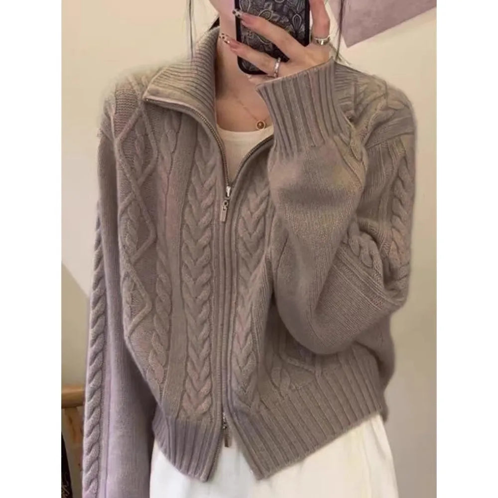 Cable Knit Zip-Up Sweater Jacket, Chunky Knit Cardigan with Stand Collar, Cozy Relaxed Fit Fall Winter Outerwear