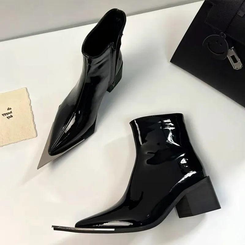 Patent Pointed Toe Ankle Boots | Sculptural High Heel Booties | Glossy Statement Fashion Boots
