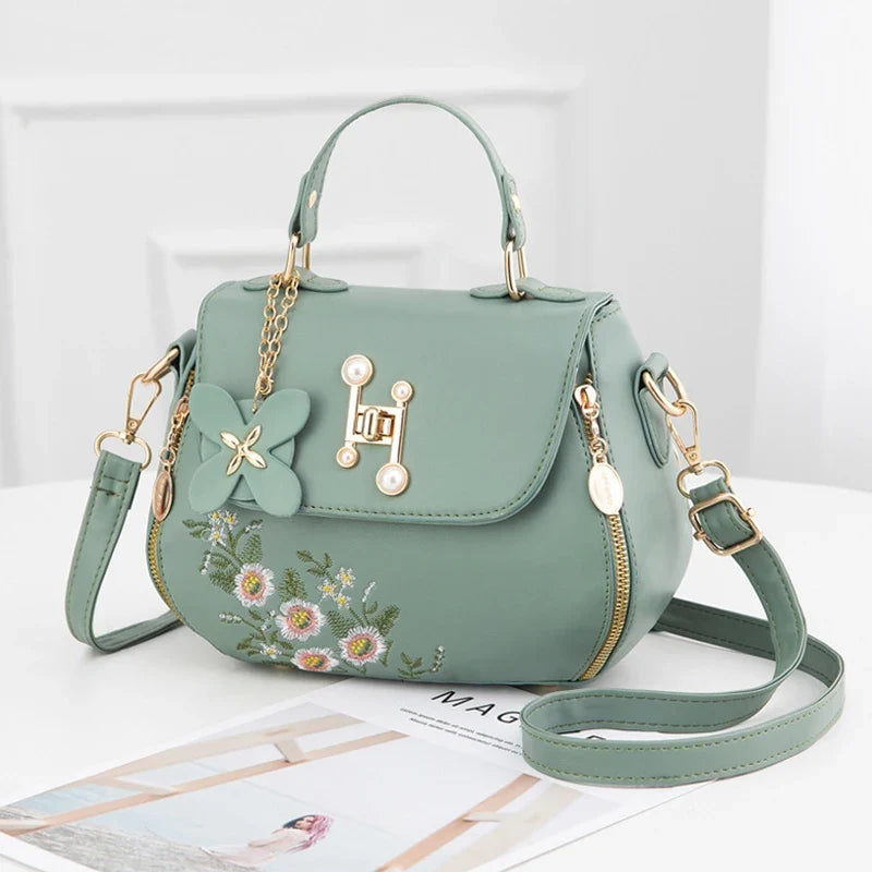 Embroidered Satchel Handbag, Elegant Top Handle Shoulder Purse with Floral Details, Structured Crossbody Bag with Adjustable Strap for Everyday Use