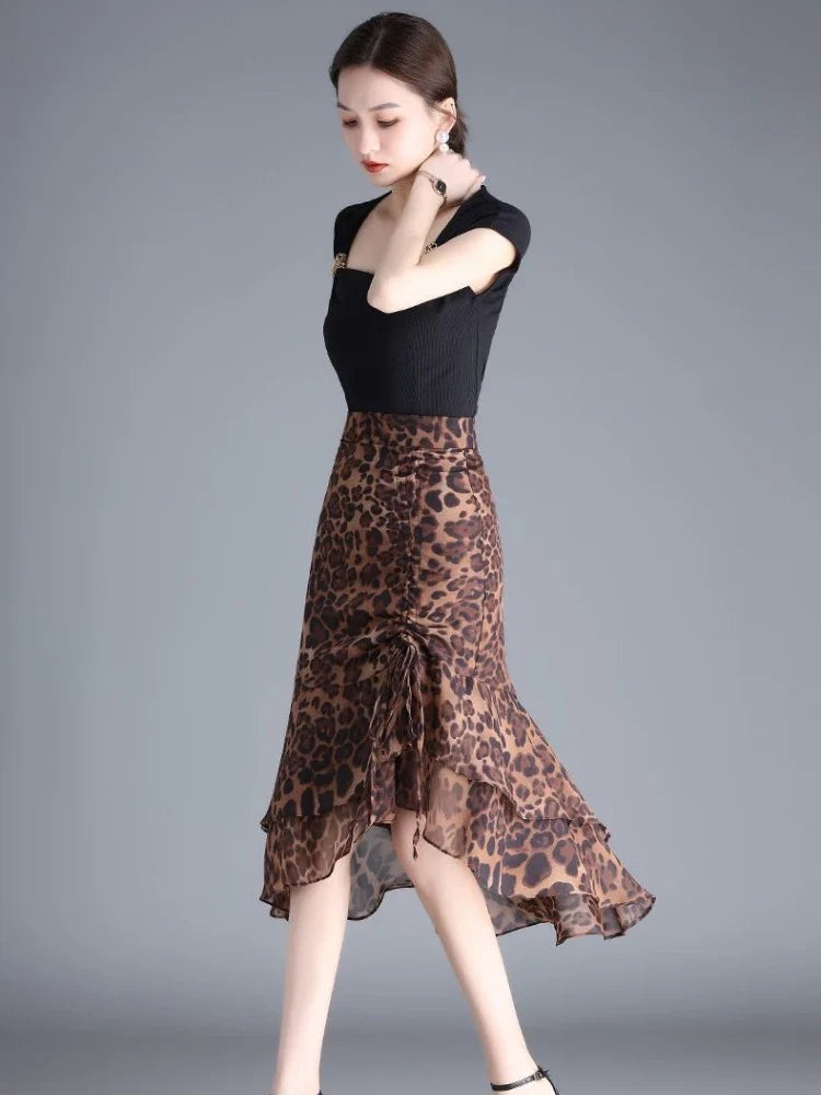 High Waisted Animal Print Midi Skirt Asymmetrical Ruffle Hem Flared Skirt Leopard Print Party Date Night Vacation Wear