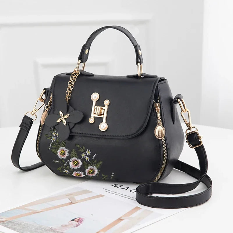Embroidered Satchel Handbag, Elegant Top Handle Shoulder Purse with Floral Details, Structured Crossbody Bag with Adjustable Strap for Everyday Use