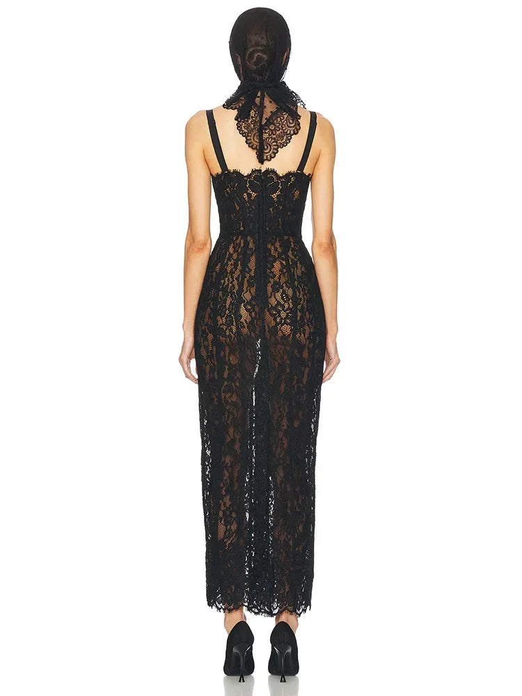 Lace Midi Dress – Spaghetti Strap Dress with Floral Lace Overlay, Fitted Bodice and Straight Midi Silhouette for Parties & Evening Events