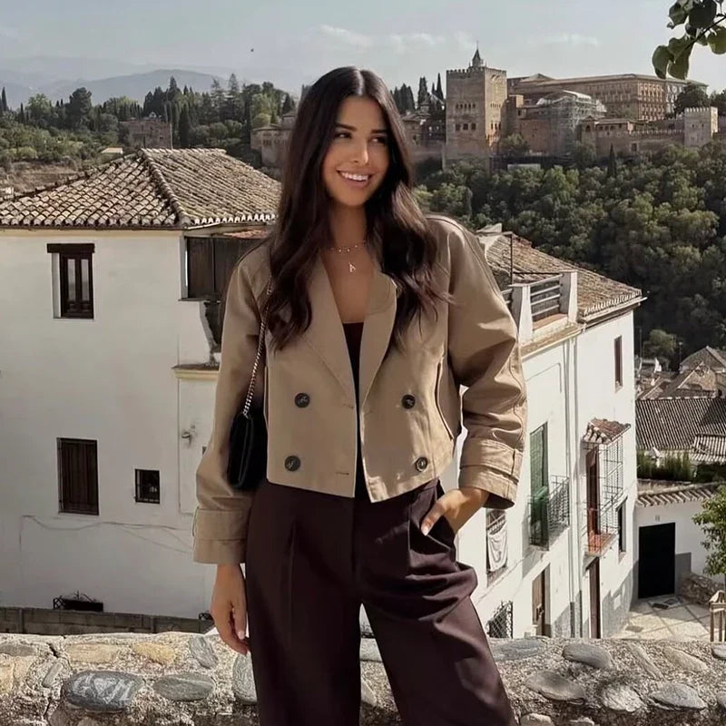 Women's Cropped Double-Breasted Jacket, Chic Tailored Lapel Blazer Coat, Classic Casual Spring Fall Outerwear