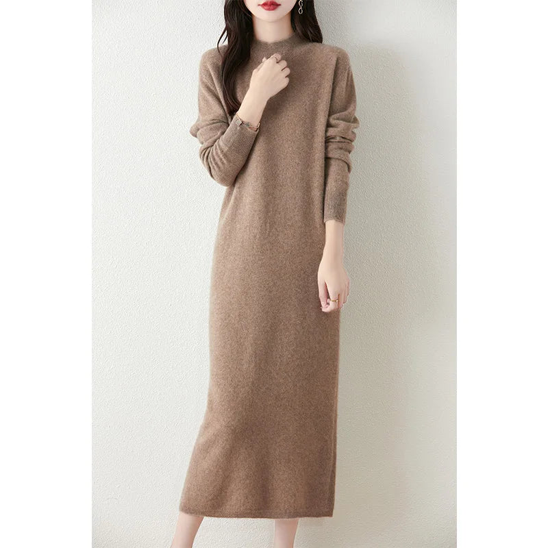 Long Sleeve Midi Dress – High Neck Ribbed Knit Dress with Slim Fit Silhouette, Stretch Fabric and Elegant Minimalist Design for Fall