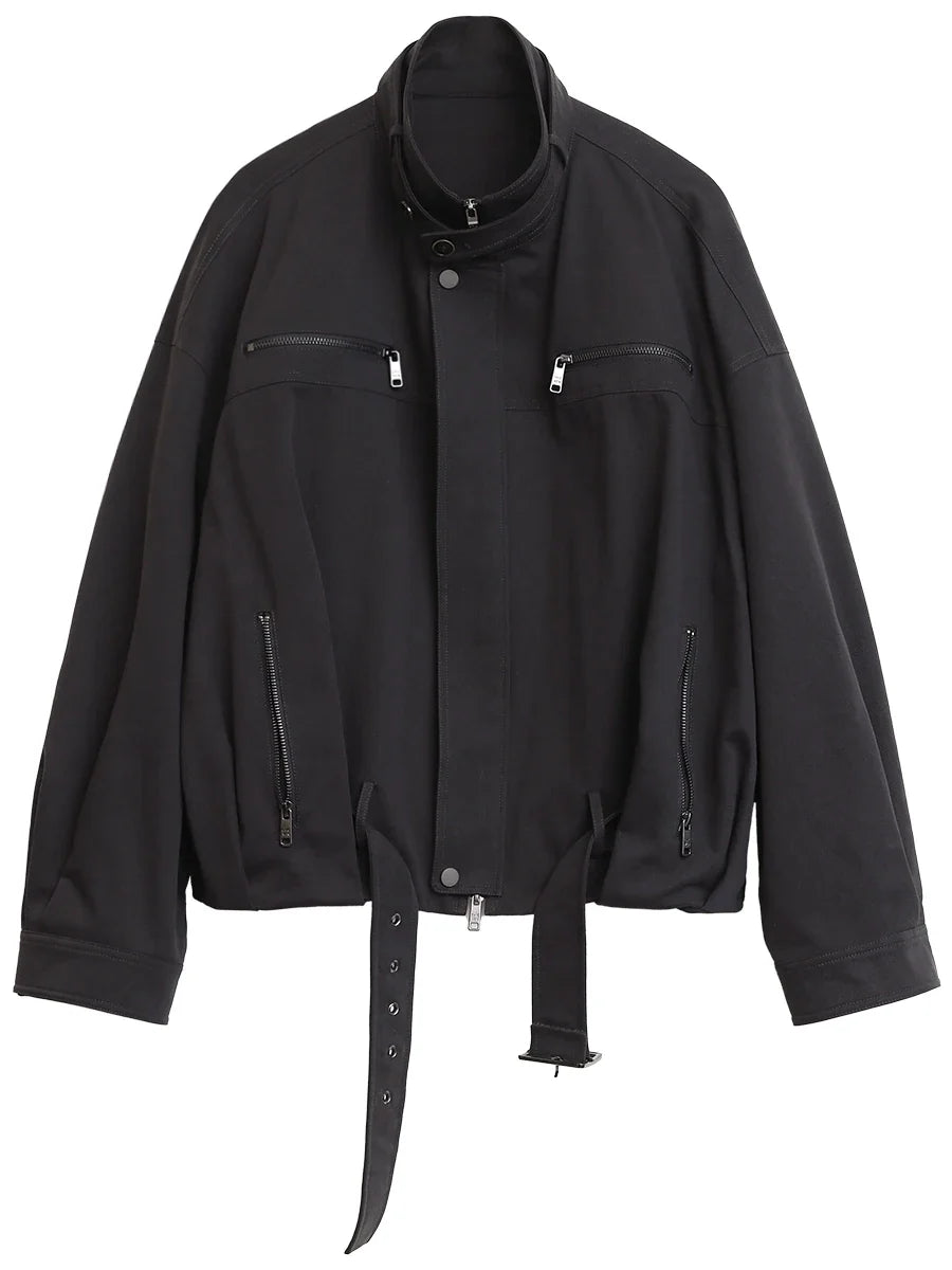 Oversized Utility Jacket, Stand Collar Zip-Up Jacket with Adjustable Waist and Relaxed Fit, Chic Casual Transitional Outerwear