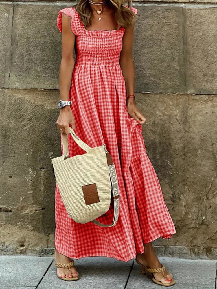 Gingham Maxi Dress – Smocked Square Neck Sundress with Short Sleeves and Flowy A-Line Skirt for Brunch, Vacation & Summer Outings