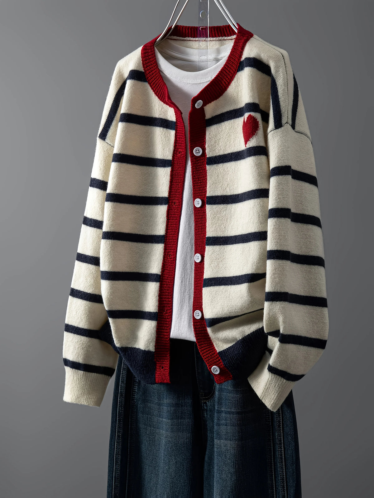Striped Knit Cardigan, Button Front Sweater with Contrast Trim and Heart Detail, Preppy Casual Layering Top for Fall Winter