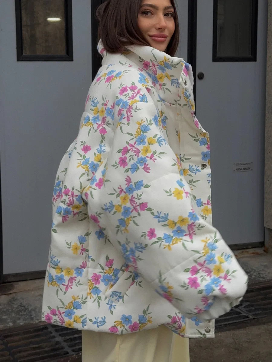 Floral Quilted Puffer Jacket, Oversized Hooded Winter Jacket with Front Pockets, Cozy Printed Cold Weather Outerwear