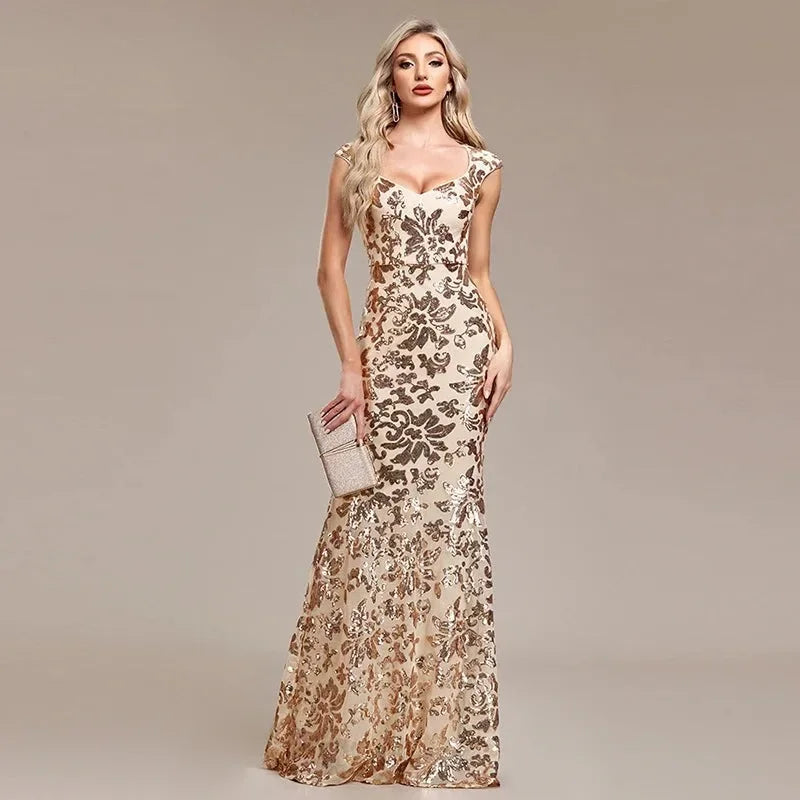 Floral Sequin Maxi Dress – Sleeveless V-Neck Mermaid Gown with Embellished Bodice, Figure-Hugging Fit and Floor-Length Hem for Formal Events