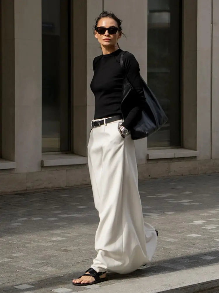 High Waisted Wide Leg Palazzo Pants Full Length Flowing Trousers Tailored Relaxed Fit Minimalist Office Casual Wear