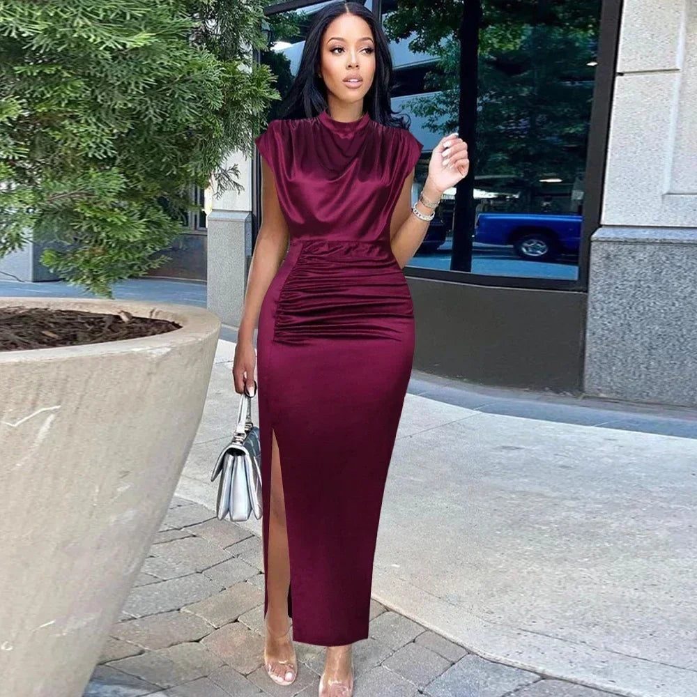 Ruched Midi Dress – Draped Cowl Neck Bodycon Dress with Short Sleeves and Side Slit for Cocktail Parties, Date Nights & Evening Events