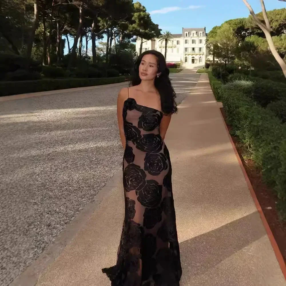 Floral Appliqué Maxi Dress – Sheer Mesh Evening Gown with Spaghetti Straps, 3D Rose Details and Elegant Fitted Silhouette