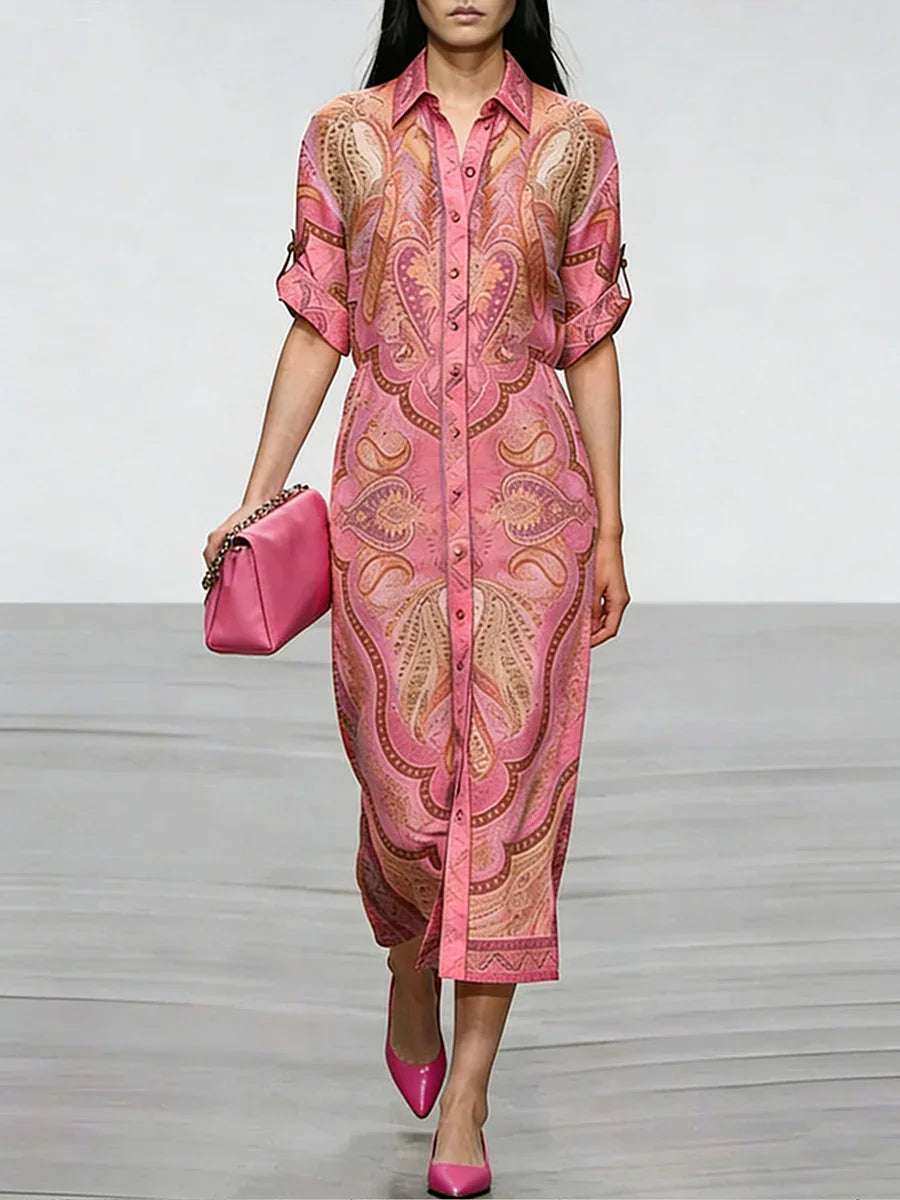 Paisley Shirt Dress – Long Sleeve Midi Dress with Button Front, Collared Neck, Roll-Up Sleeves and Elegant Printed Design
