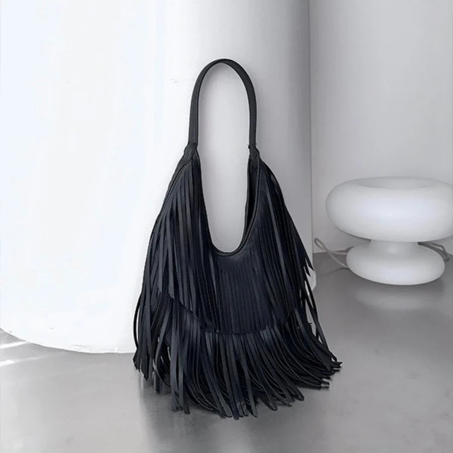 Women's Fringe Shoulder Bag, Black Faux Leather Hobo Bag, Boho Tassel Handbag, Slouchy Fringe Purse for Casual Outings & Festivals