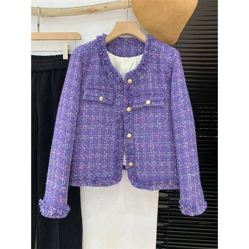 Textured Tweed Jacket, Cropped Collarless Jacket with Gold Button Details and Front Pockets, Elegant Chic Casual Outerwear