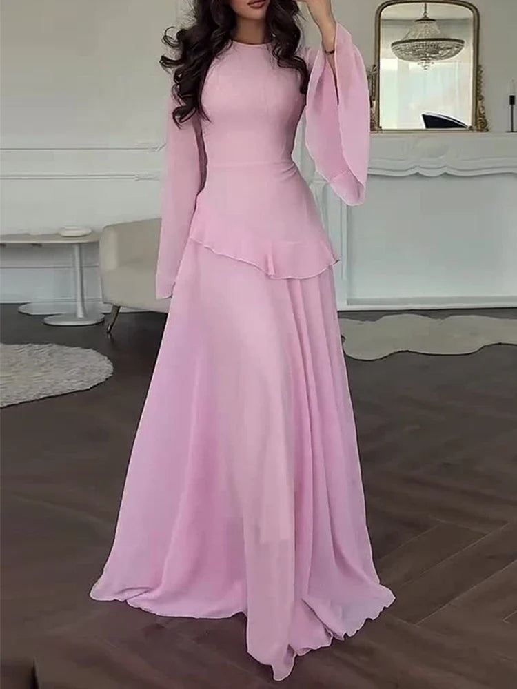 Elegant Maxi Dress – Long Sleeve Ruched Waist Gown with Draped Bodice and Flowing Floor-Length Skirt for Weddings & Formal Events
