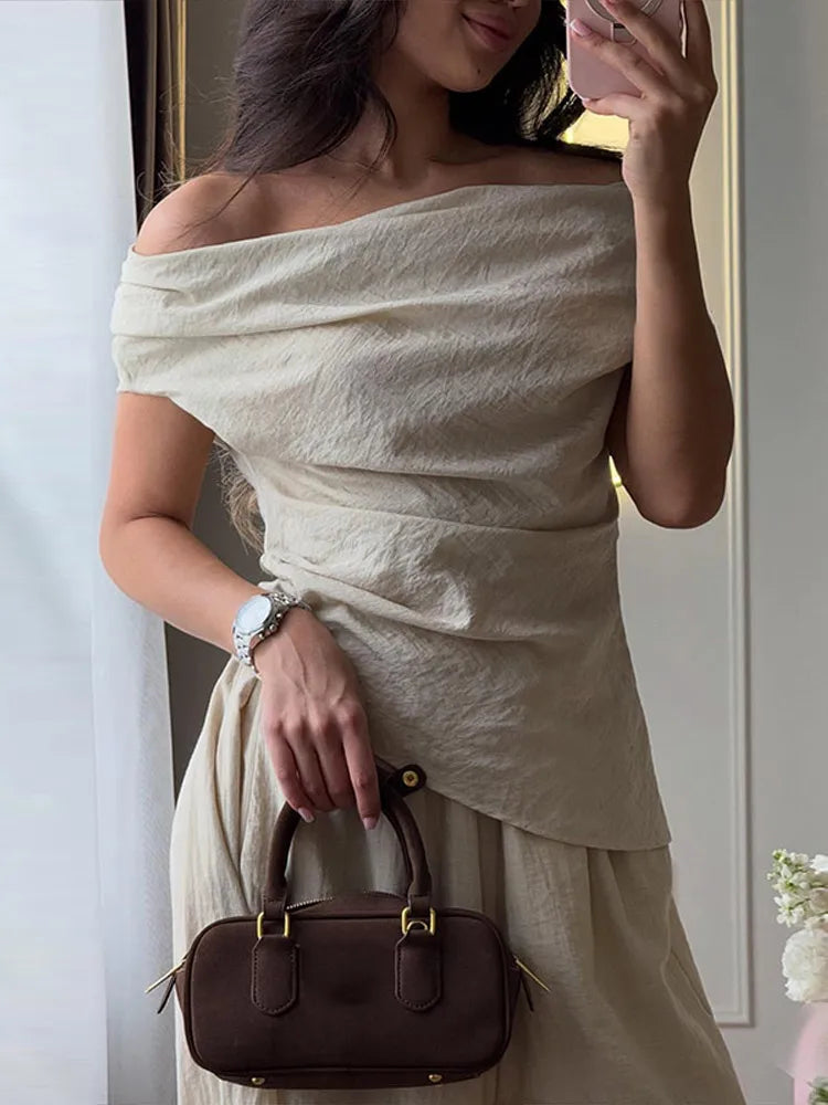 Off Shoulder Draped Top & Wide Leg Pants Co-Ord Set | Elegant Two Piece Flowing Outfit | Chic Vacation, Brunch & Occasion Wear