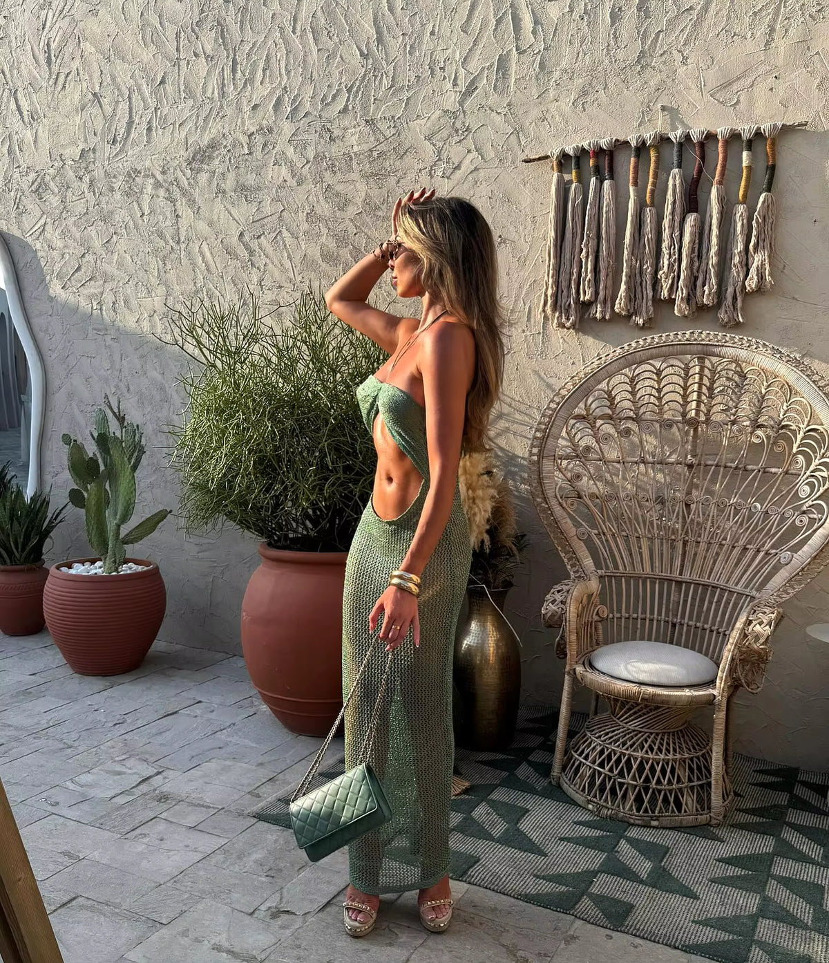Crochet Cutout Maxi Dress – Halter Neck Beach Dress with Twist Front Bodice, Open Waist Design and Sheer Knit Floor-Length Skirt