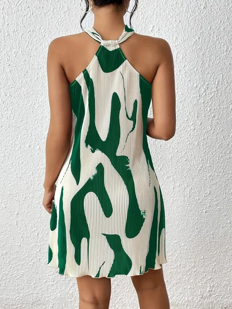 Abstract Mini Dress – Halter Neck Sleeveless A-Line Dress with Artistic Print, Fitted Waist and Flared Skirt for Vacations & Summer Parties