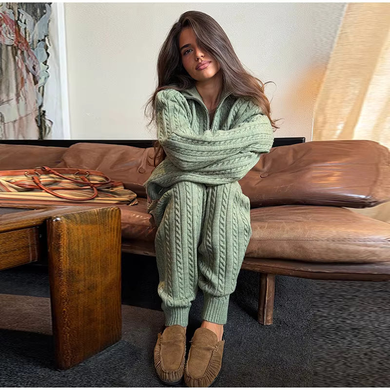 Cable Knit Sweater &amp; Wide Leg Pants Co-Ord Set | Oversized Two Piece Knit Outfit | Cozy Fall &amp; Winter Lounge Matching Set