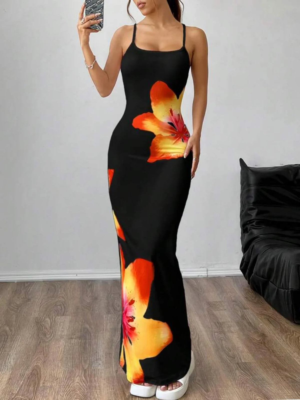 Floral Maxi Dress – Spaghetti Strap Bodycon Dress with Scoop Neck, Side Slit and Statement Floral Print for Vacations, Parties & Date Nights
