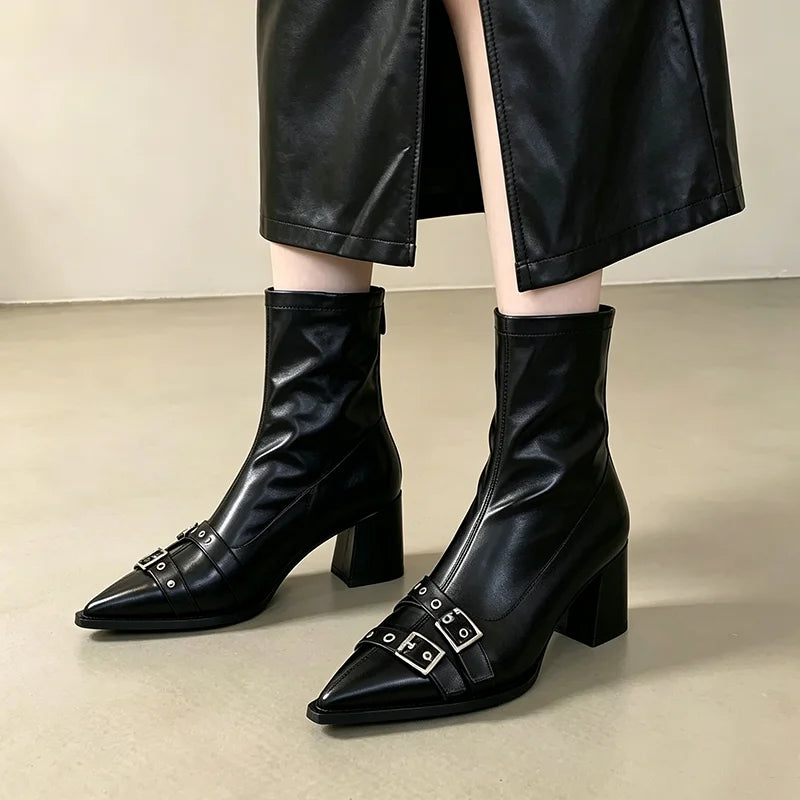 Pointed Toe Ankle Boots | Buckle Strap Block Heel Booties | Modern Zip-Up Fashion Boots