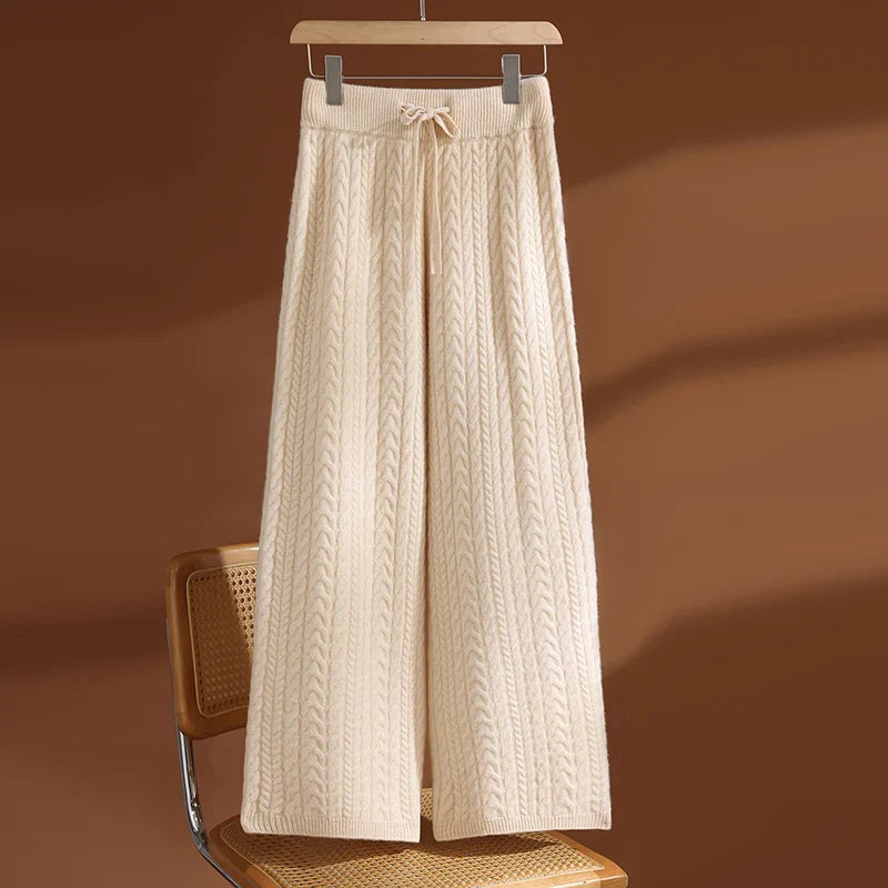 High Waisted Wide Leg Knit Pants Textured Drawstring Trousers Relaxed Fit Flowing Lounge Pants Casual Bottoms
