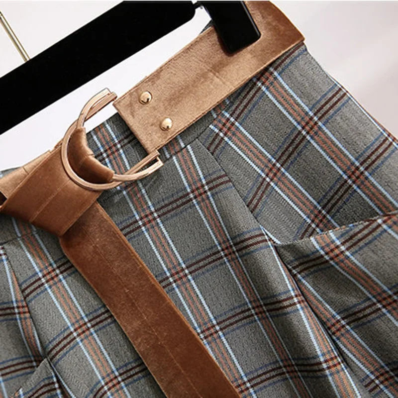 High Waisted Plaid A Line Midi Skirt Pleated Tartan Skirt Belted Flared Skirt Preppy Vintage Inspired Casual Wear