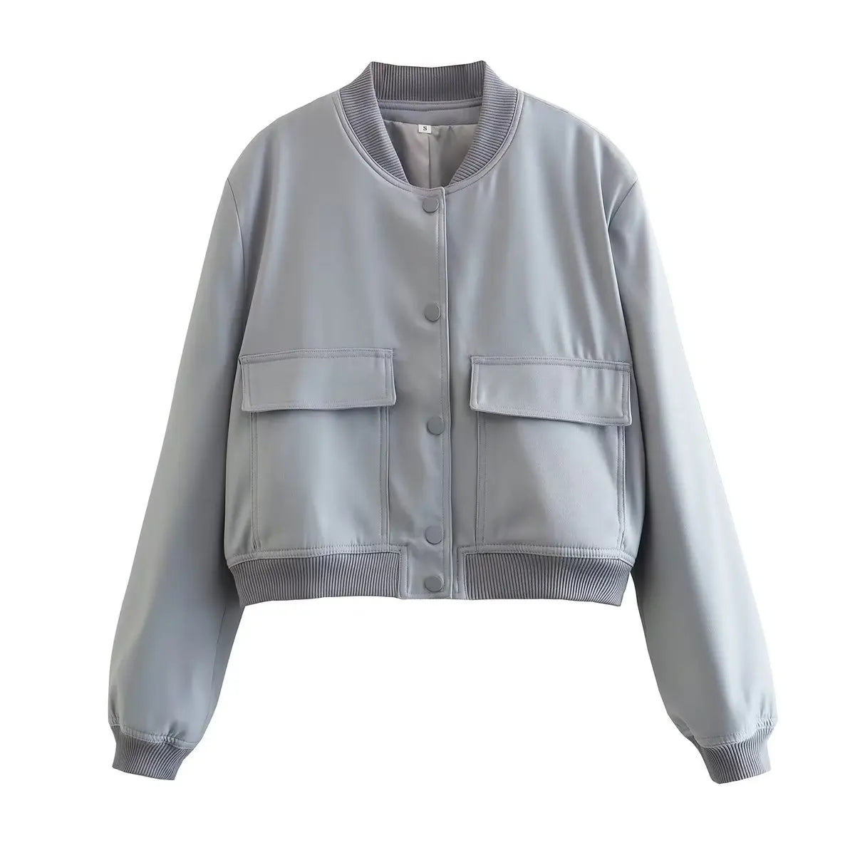Women's Cropped Bomber Jacket, Minimalist Stand Collar Utility Jacket, Long Sleeve Casual Lightweight Outerwear
