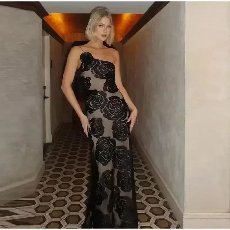 Floral Appliqué Maxi Dress – Sheer Mesh Evening Gown with Spaghetti Straps, 3D Rose Details and Elegant Fitted Silhouette
