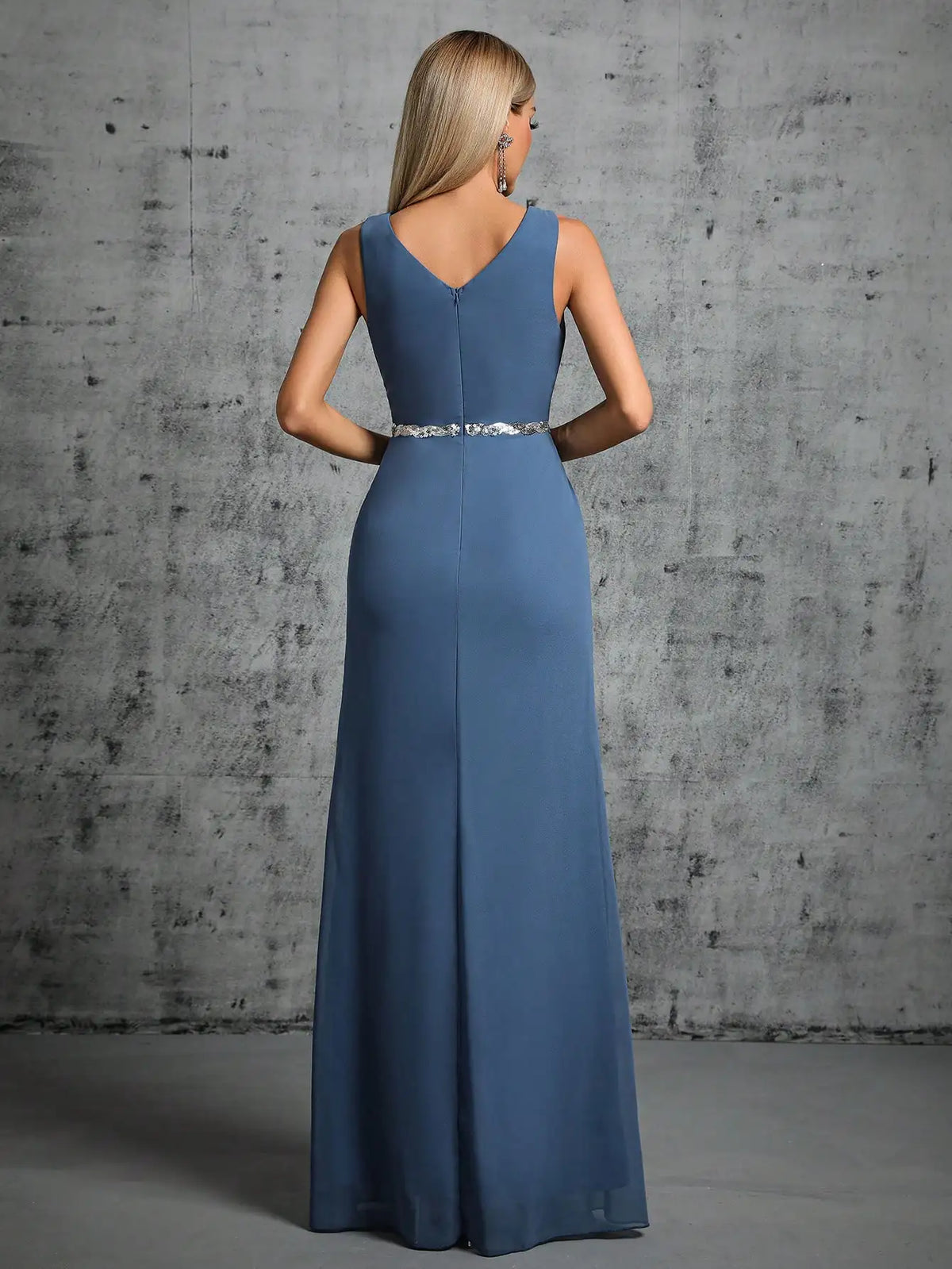 Satin A-Line Maxi Dress – Sleeveless V-Neck Evening Gown with Ruched Bodice, Embellished Waist and Flowing Floor-Length Skirt