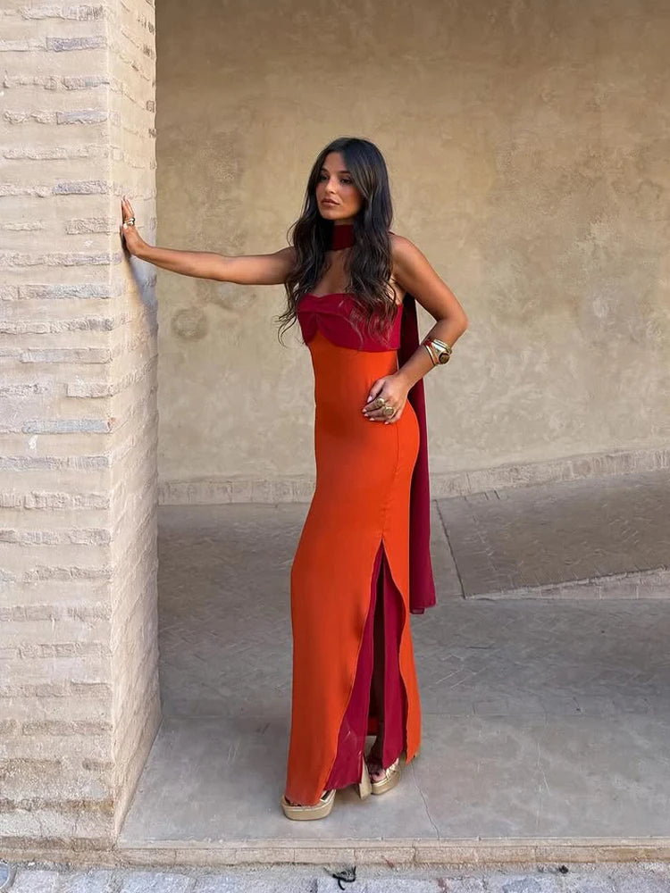 Halter Maxi Dress – Strapless Draped Dress with Open Side Slit, Long Scarf Detail and Flowing Floor-Length Silhouette