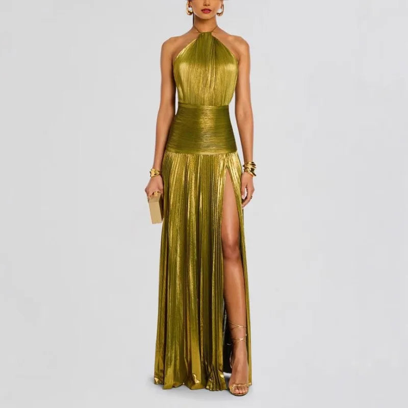 Pleated Maxi Dress – Sleeveless Halter Neck Dress with Fitted Bodice, Defined Waist, Draped Skirt and High Side Slit for Evening Events