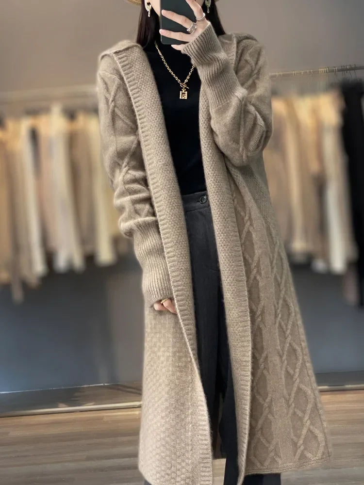 Long Cable Knit Cardigan Coat, Hooded Open Front Sweater Duster with Pockets, Cozy Winter Layering Outerwear
