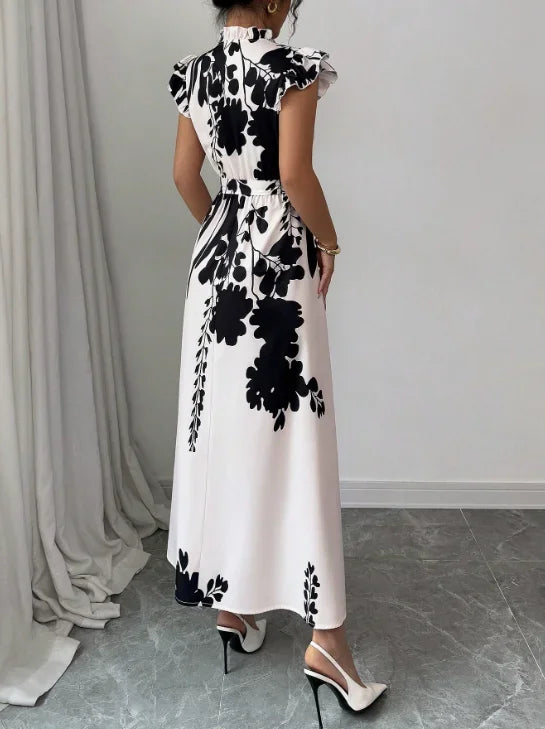 Floral Maxi Dress – Short Sleeve V-Neck Dress with Defined Waist, Tie Detail, Flowing Skirt and Elegant Botanical Print for Events