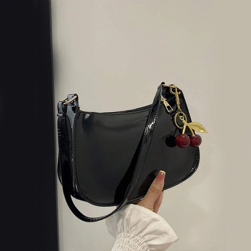 Glossy Hobo Shoulder Bag, Sleek Crescent Handbag with Adjustable Strap, Compact Crossbody Purse with Decorative Charms for Dates & Everyday Use