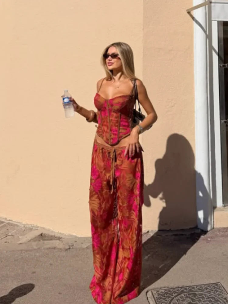 Strapless Corset Crop Top & Flared Maxi Skirt Co-Ord Set | Floral Two Piece Outfit with Lace-Up Detail | Chic Vacation &amp; Party Wear