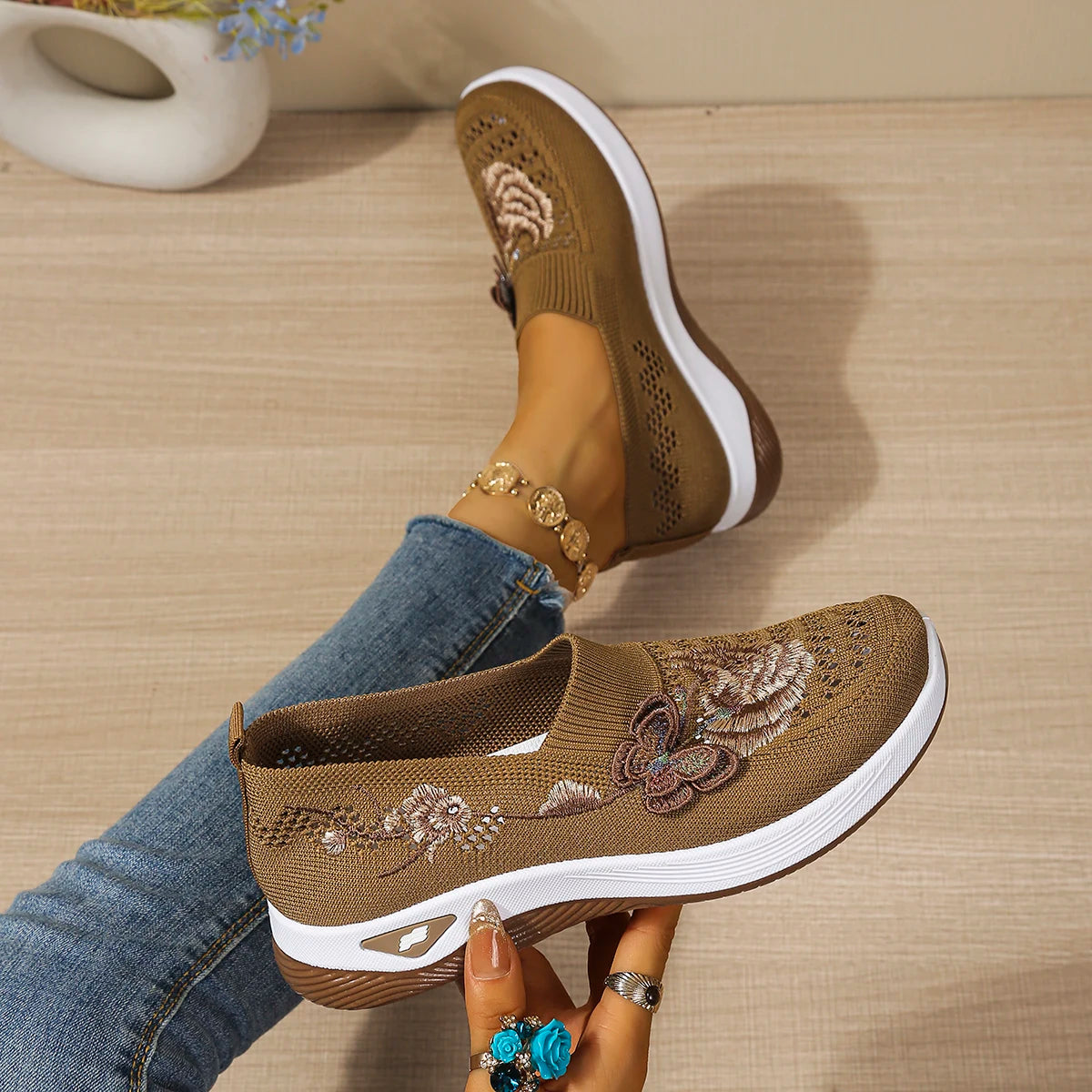 Floral orthopaedic Slip On Sneakers | Embroidered Mesh Walking Shoes | Lightweight Casual Platform Sneakers