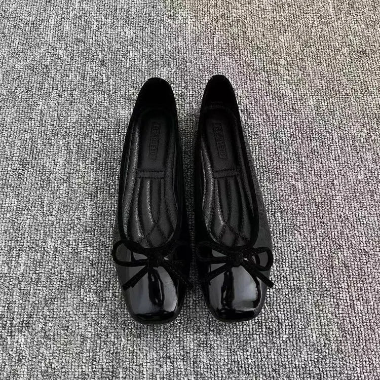 Square Toe Ballet Flats | Patent Bow Flats | Two-Tone Trim Slip-On Shoes for Women