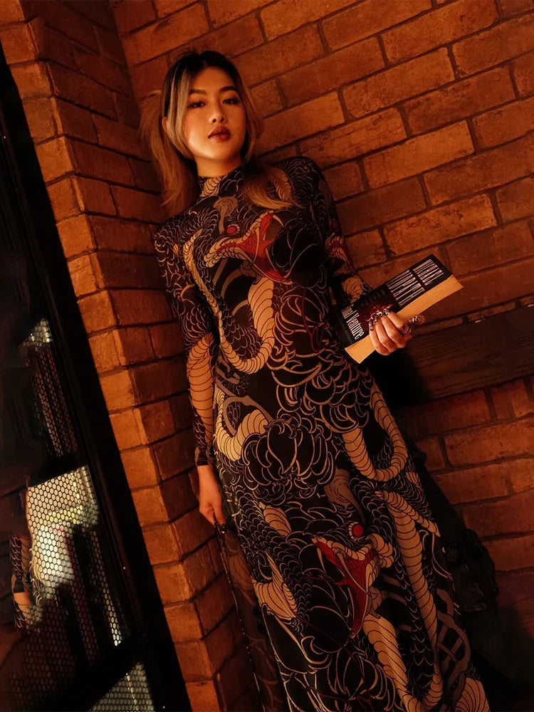 Artistic Print Maxi Dress – Long Sleeve High Neck Bodycon Gown with Full-Length Silhouette and Intricate Pattern for Evening Events & Parties