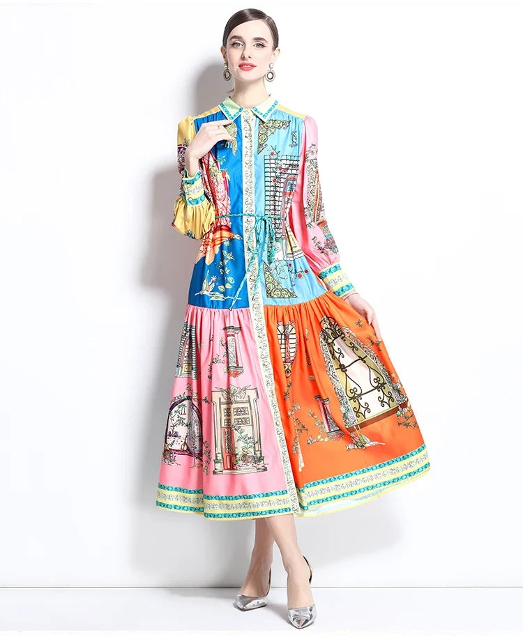 Printed Shirt Maxi Dress – Long Sleeve Collared Dress with Button Front, Belted Waist and Flared A-Line Skirt for Vacations & Events