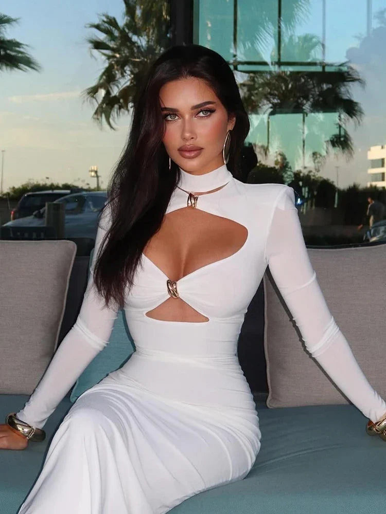 Cutout Bodycon Maxi Dress – Long Sleeve High Neck Dress with Front Keyhole and Waist Cutout Details for Parties, Date Nights & Events